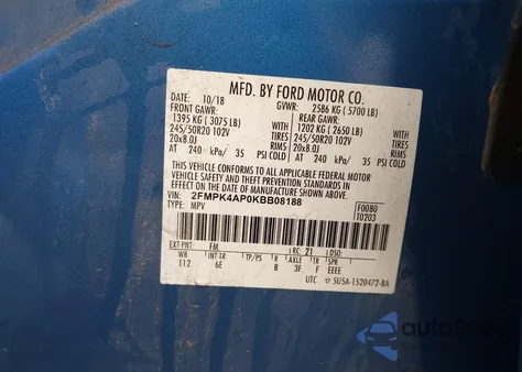 2019 Ford Edge St z USA, uszkodzony, nr VIN 2FMPK4AP0KBB08188